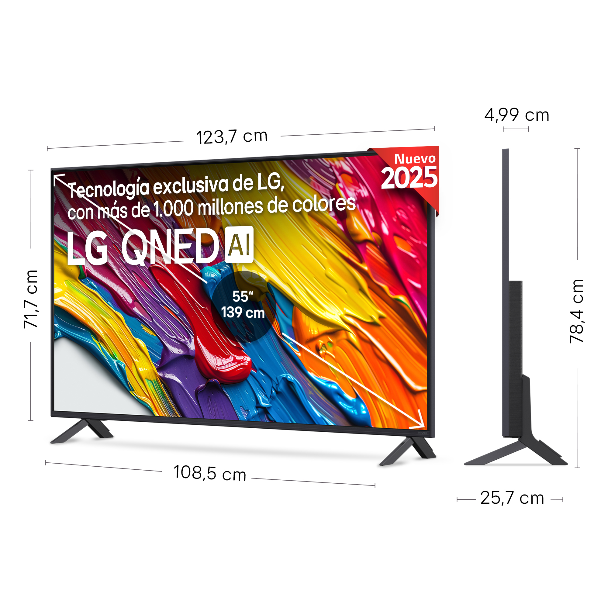 Un televisor con dimensiones y medidas. Es un televisor LG QNED AI. Mostrando el perfil lateral.