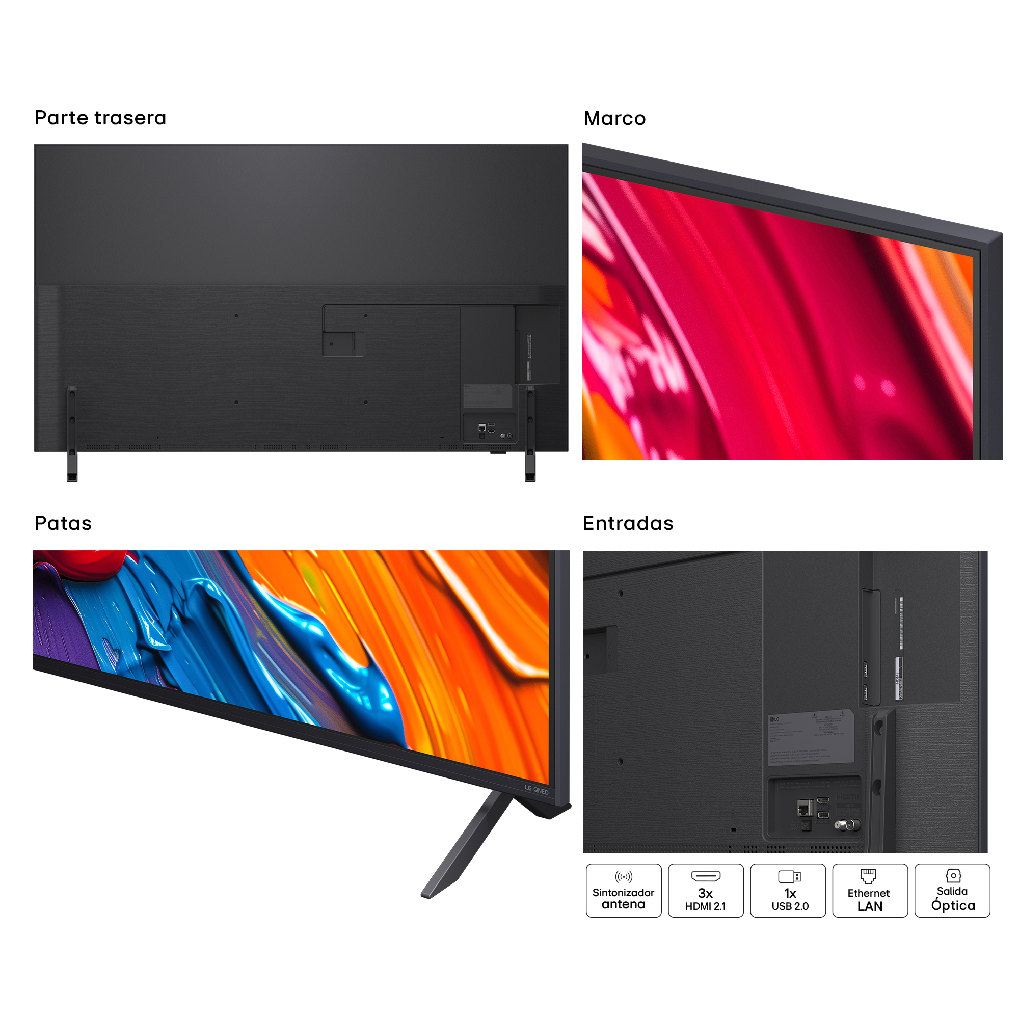 Imagen: Primer plano de partes del televisor. Incluye parte trasera, marco, patas y entradas. Colores: negro, rojo y azul.