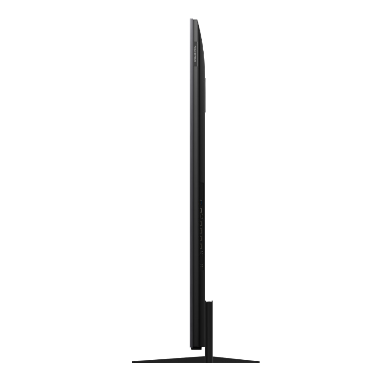 Siyah bir stand üzerinde siyah bir TV'nin yan görünümü, siyah arka plan.