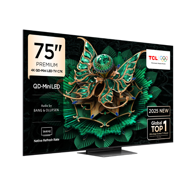 Beyaz bir arka plan üzerinde yeşil ve altın tasarımlı 75" TCL TV ve diğer özellikler görüntüleniyor.