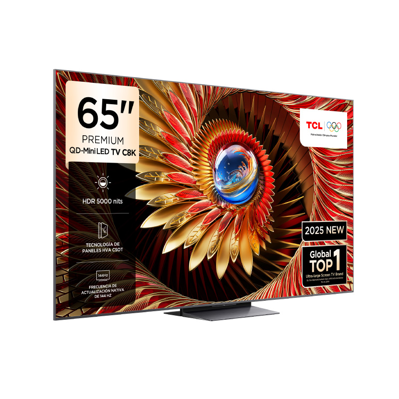 65" TV, kavisli bir çerçeve ile renkli bir görüntü sergiliyor. Marka TCL.