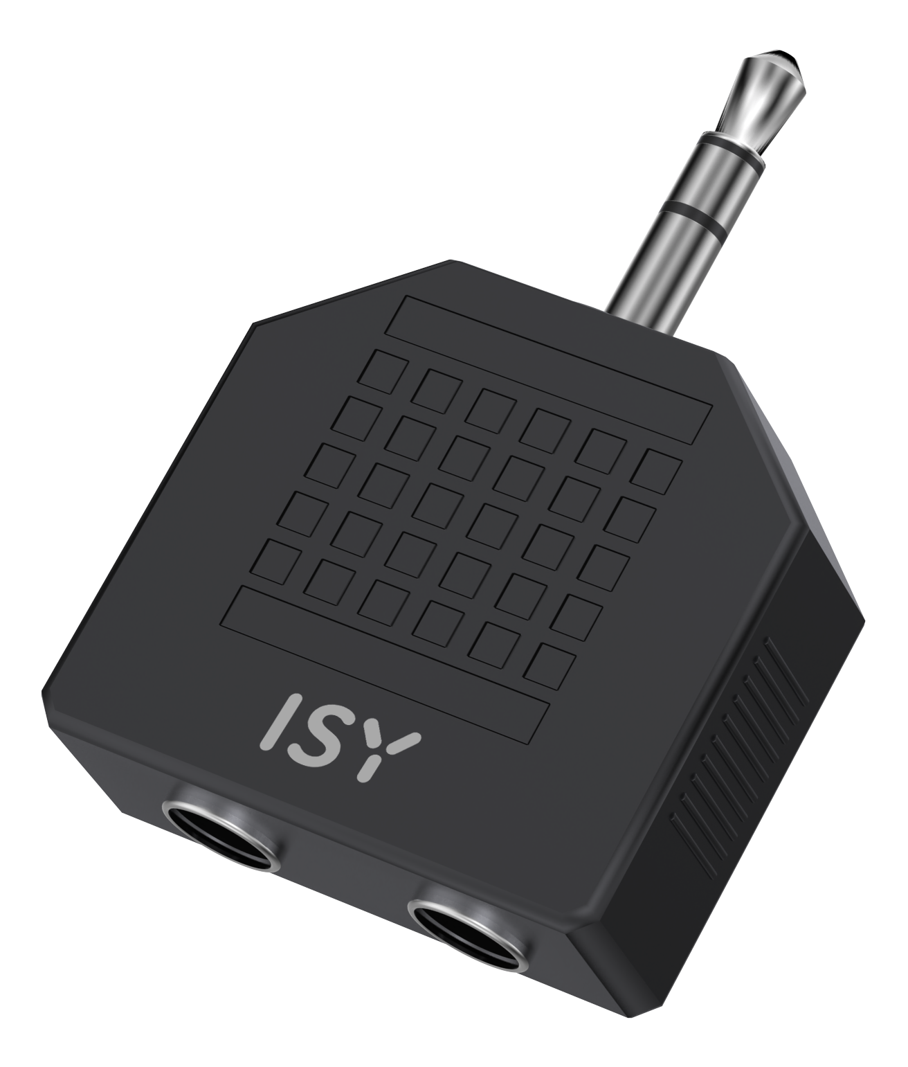 Schwarzer Audio-Splitter mit 3,5-mm-Stecker und zwei 3,5-mm-Buchsen. ISY-Logo auf der Vorderseite.