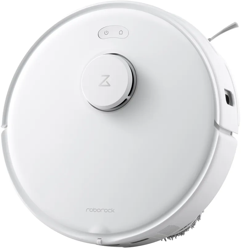 Weißer Roboter-Staubsauger, Draufsicht. Zeigt das 'roborock'-Logo und die Bedienknöpfe.