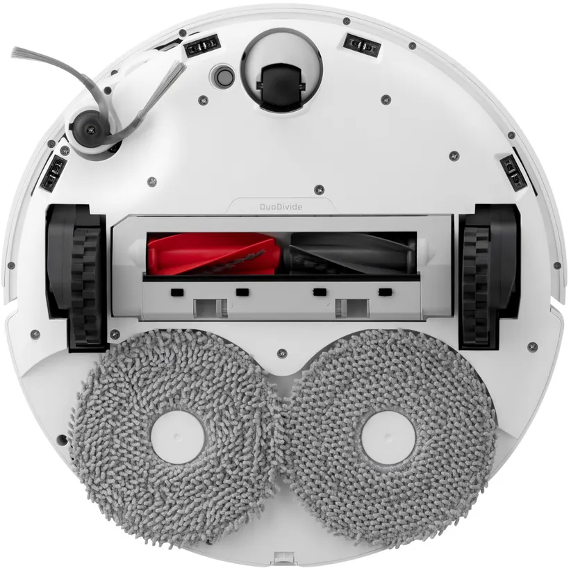 Weißer Roboter-Staubsauger, Unterseite. Zeigt Bürsten, Räder und den Reinigungsmechanismus.