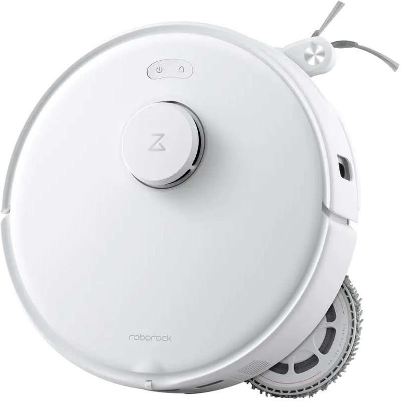 Weißer, runder Roboter-Staubsauger. Hat eine zentrale Taste und eine Seitenbürste. Marke Roborock.
