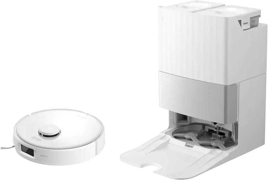 Weißer Roborock-Staubsauger und Dockingstation. Die Dockingstation ist geöffnet und zeigt Komponenten.
