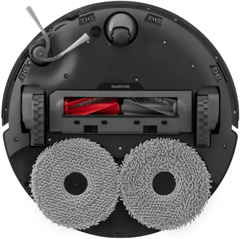 Unterseite eines schwarzen Roborock-Staubsaugers. Zeigt die DuoDivide-Bürste, Räder und Reinigungspads.