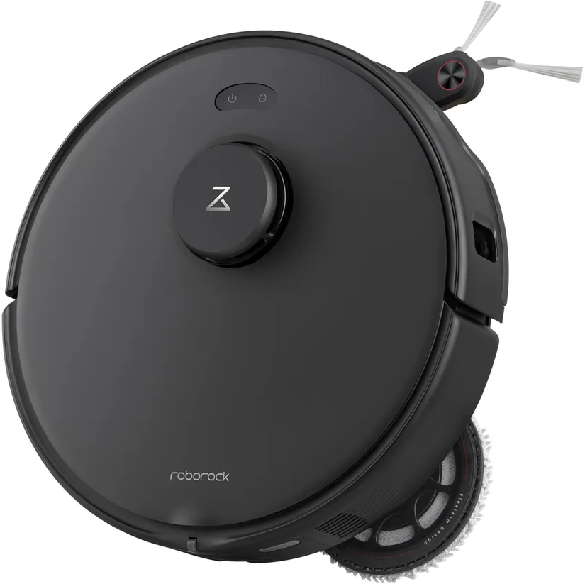Schwarzer Roborock-Staubsauger. Er ist rund, hat eine zentrale Taste und eine Seitenbürste.