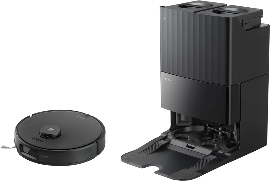 Schwarzer Roborock-Staubsauger und Dockingstation. Der Staubsauger ist links. Die Dockingstation ist rechts.