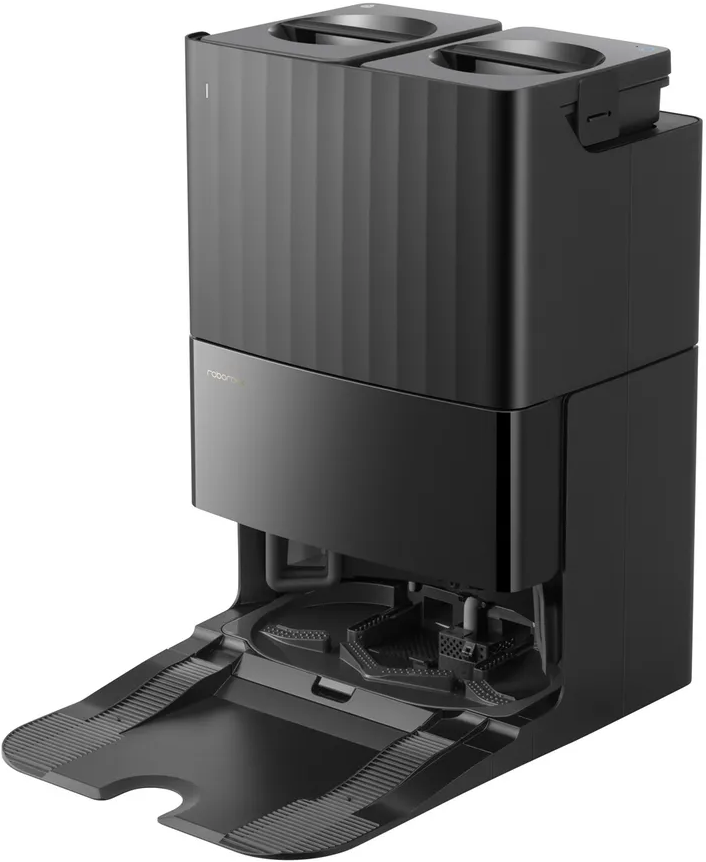 Schwarze Ladestation für einen Roboter-Staubsauger. Die Station hat zwei Fächer oben.