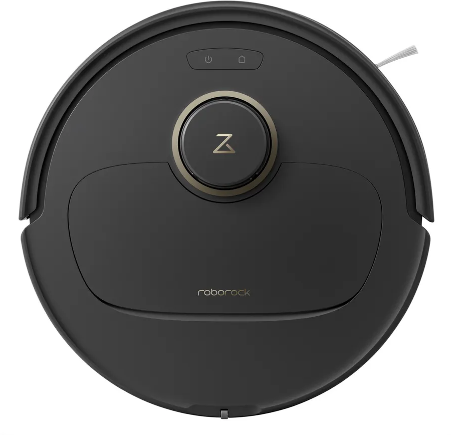 Draufsicht auf einen schwarzen Roboter-Staubsauger. Mit zentralem Knopf und Logo.