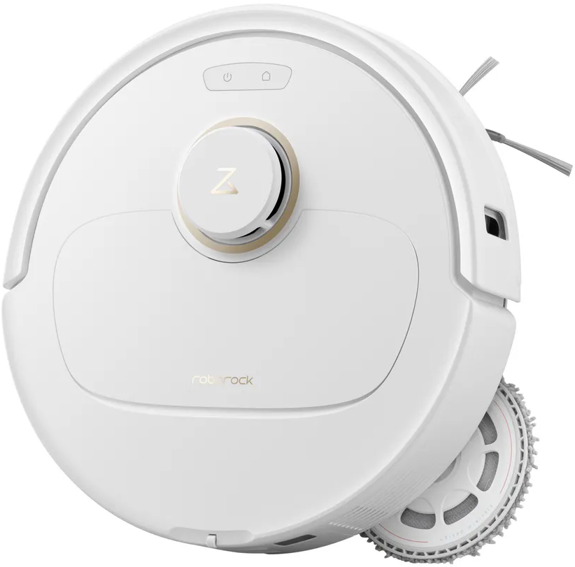 Vue de dessus d'un aspirateur robot blanc. Avec bouton central et serpillère.