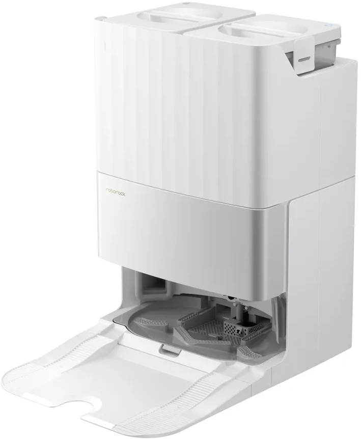 Station de charge blanche pour aspirateur robot. Elle a deux compartiments.
