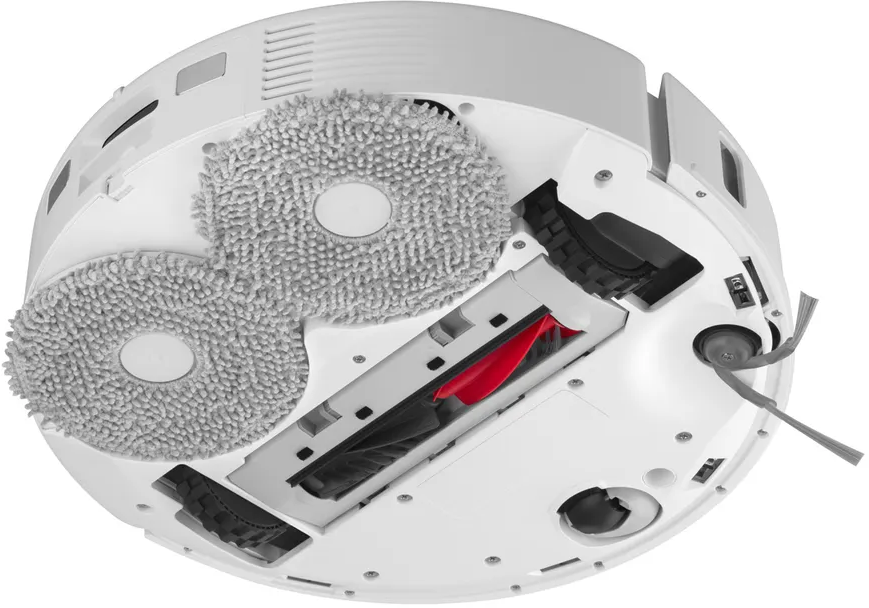 Vue de dessous d'un aspirateur robot blanc. Avec deux serpillères et brosse.