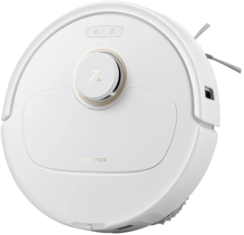 Vue de dessus d'un aspirateur robot blanc. Avec bouton central et logo roborock.