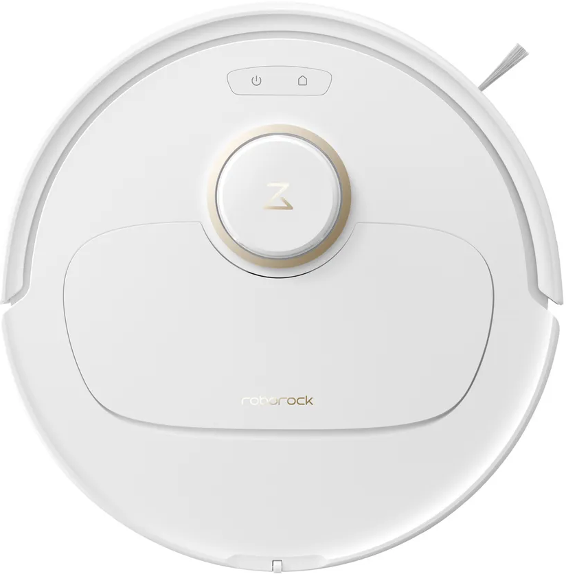 Un aspirateur robotique blanc, rond, avec un bouton central et une brosse latérale.