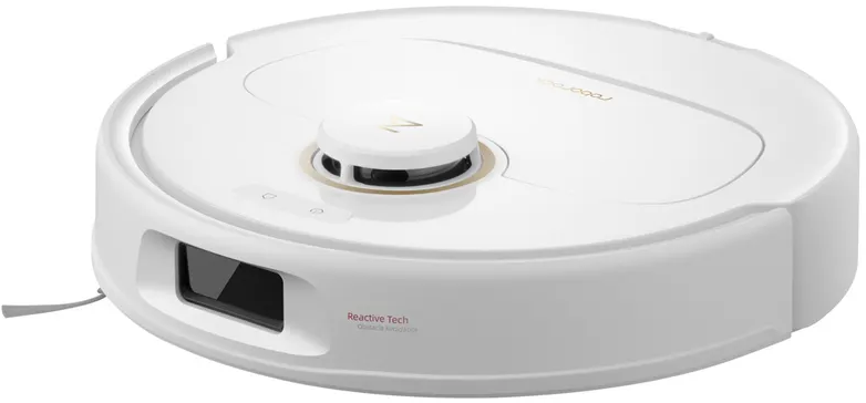 Robot aspirateur blanc avec capteur noir et texte 'Reactive Tech'.