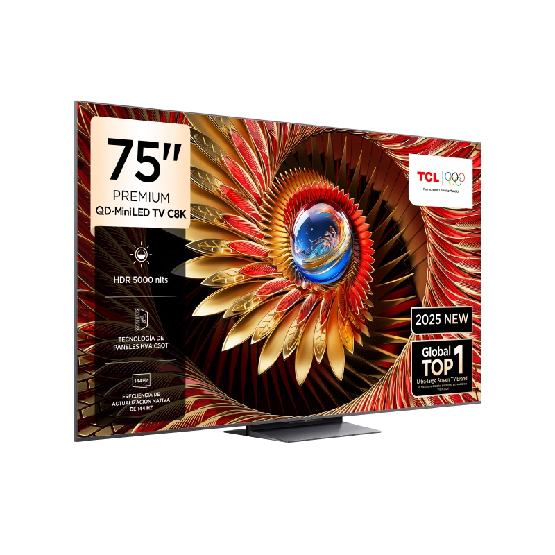 TCL 75" TV. Soyut tasarıma sahip ekran. HDR ve yenileme hızı gibi detaylar.