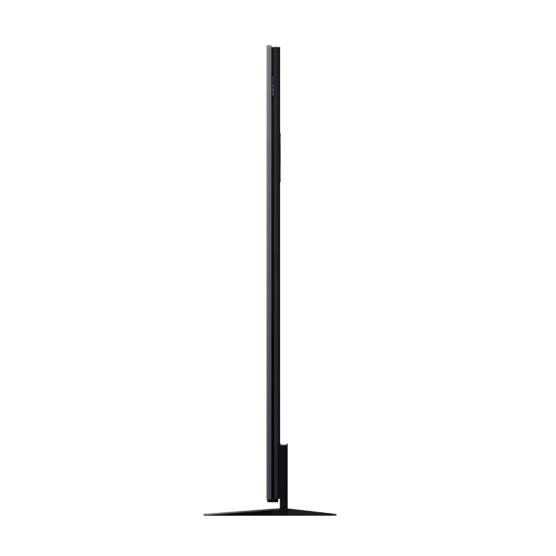 İnce, siyah bir TCL TV yandan görünümü, profili ve standı.