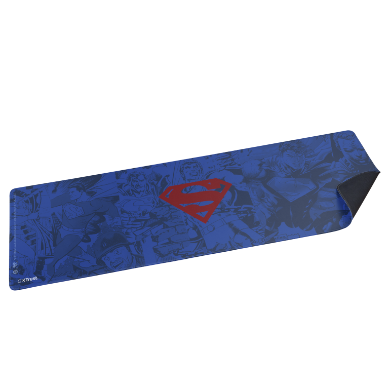 Niebieska podkładka na biurko z motywem Supermana z logo Supermana i panelami komiksów.