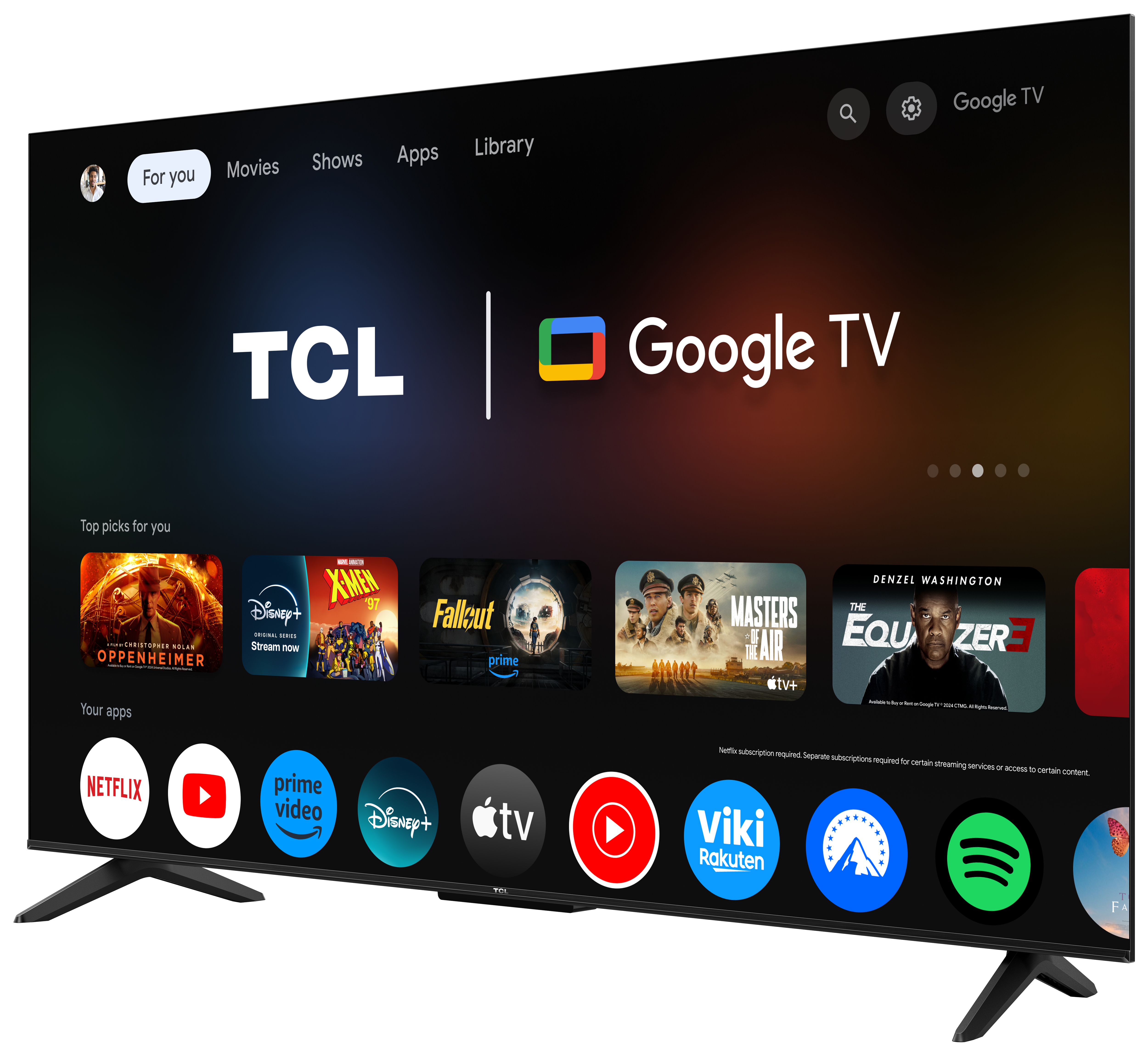TCL Google TV, widok pod kątem. Ekran główny z ikonami aplikacji i rekomendacjami.