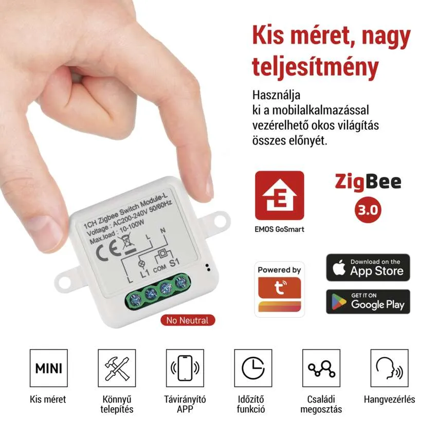 Egy kéz egy kis okosotthon-eszközt tart. Különféle ikonok és szöveg található rajta, amelyek a funkcióit írják le.