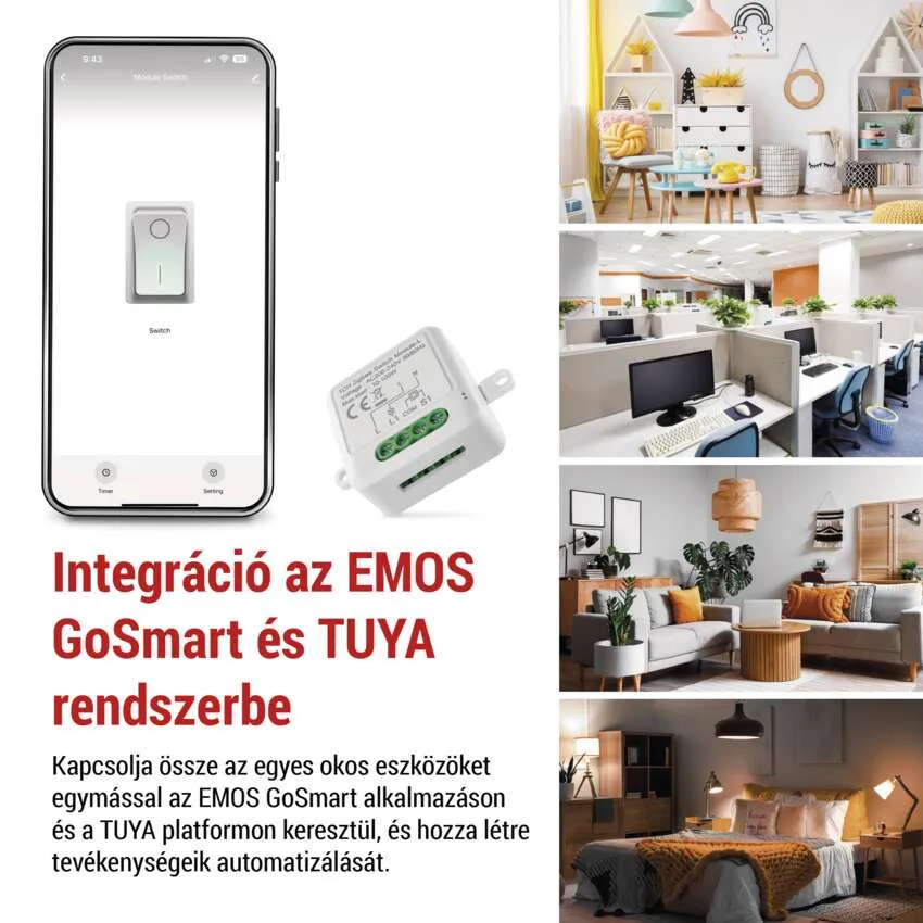 Telefon okosotthon alkalmazás felülettel, belső tér képekkel és okosotthon eszközzel.