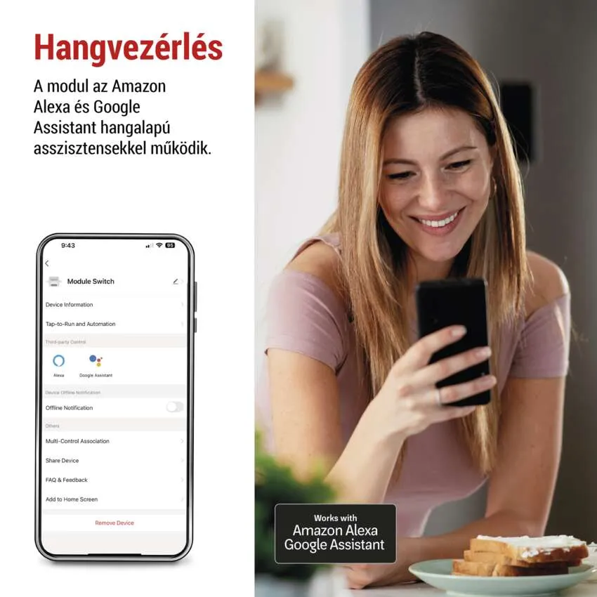 Egy nő egy telefont tart, okosotthon alkalmazás felülettel. Pirítós van az asztalon a telefonnal.