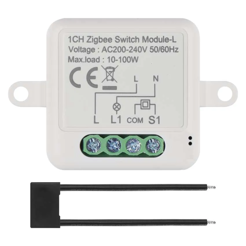 Egy fehér Zigbee kapcsolómodul csatlakozókkal. A szöveg a feszültséget és a max. terhelést mutatja.