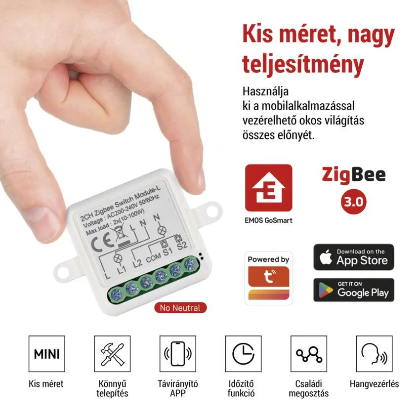 Diagram az okos kapcsolómodul funkciókkal, fehér háttérrel.