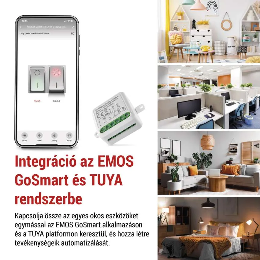 Integráció az EMOS GoSmart és TUYA rendszerekkel, különböző otthoni képekkel.