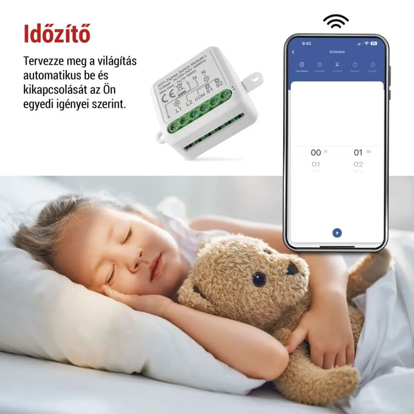 Lány macival alszik; okos kapcsolómodul és telefon időzítő felülettel.
