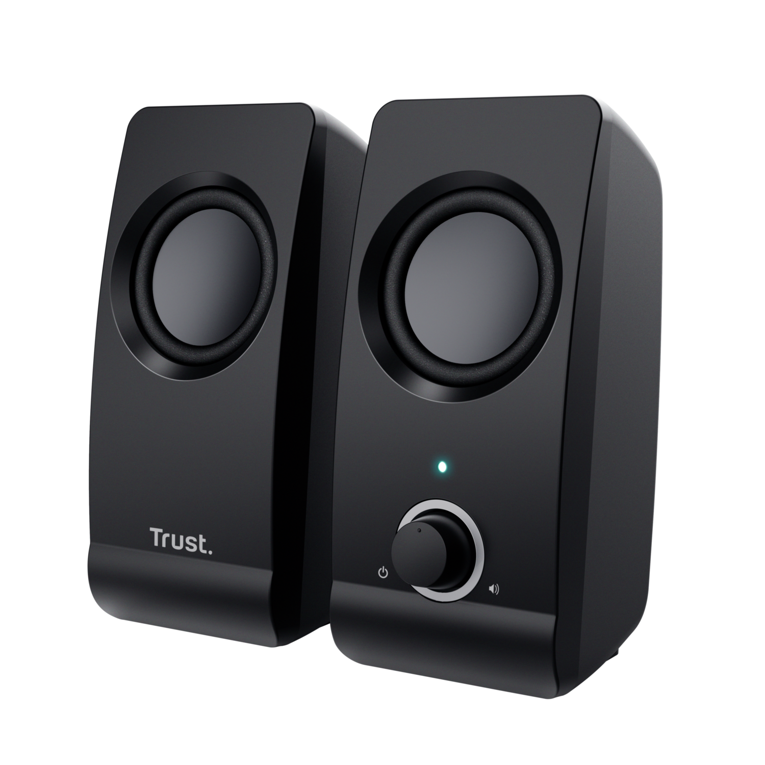 Two black speakers. The speakers are angled, with power and volume buttons.