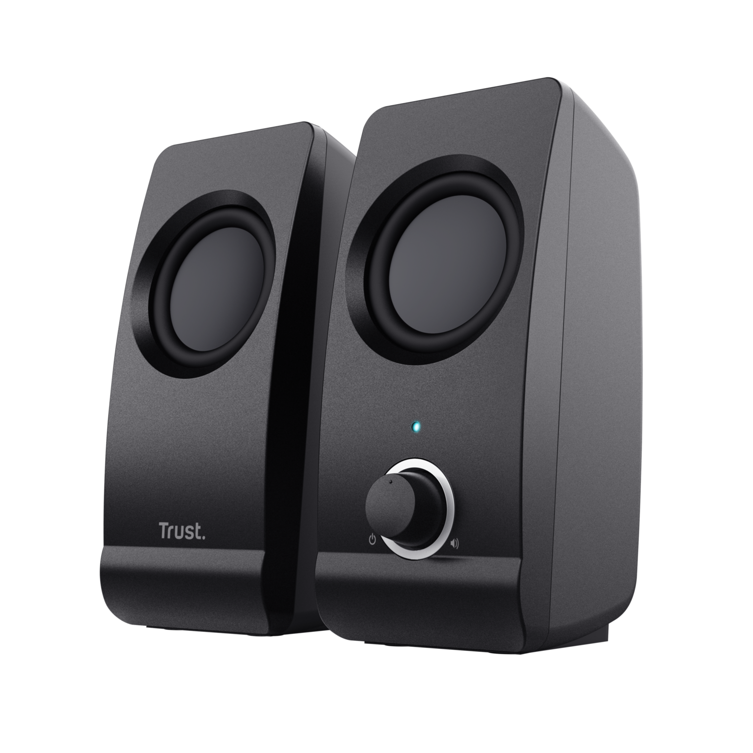 Black and grey speakers. The speakers have a power and volume button.