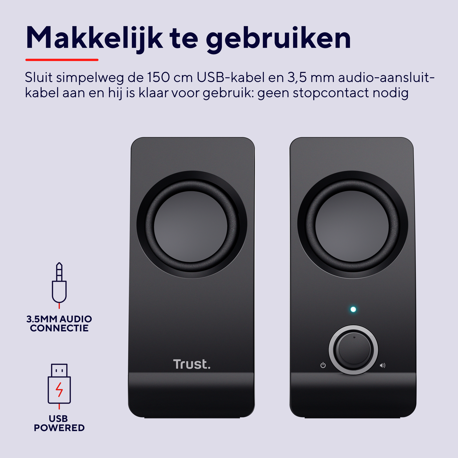 Two black speakers with a volume knob. Icons show USB and 3.5mm connections.