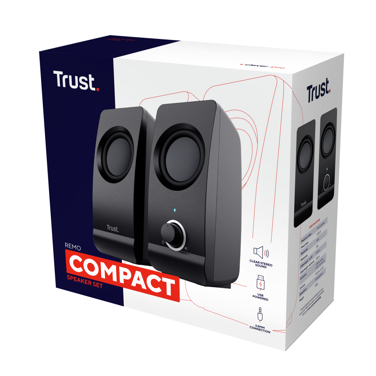 Speaker set box. It displays two speakers, connection icons, and the product name.