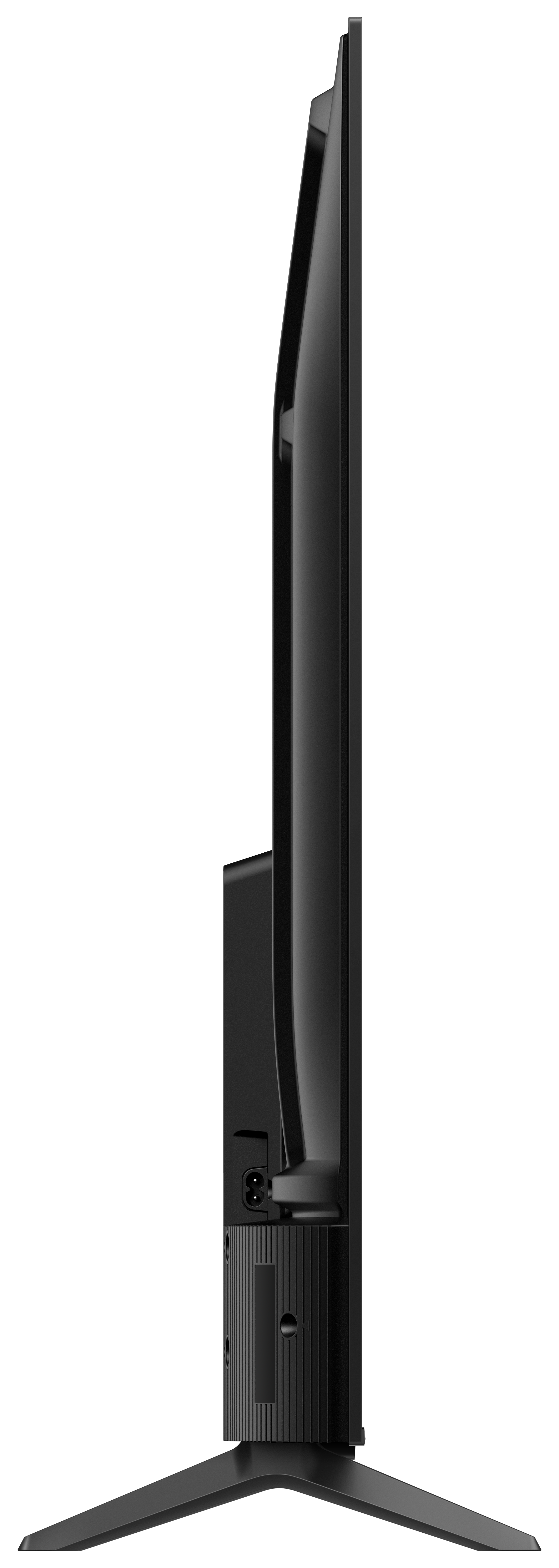 Widok z boku czarnego telewizora TCL z portami.