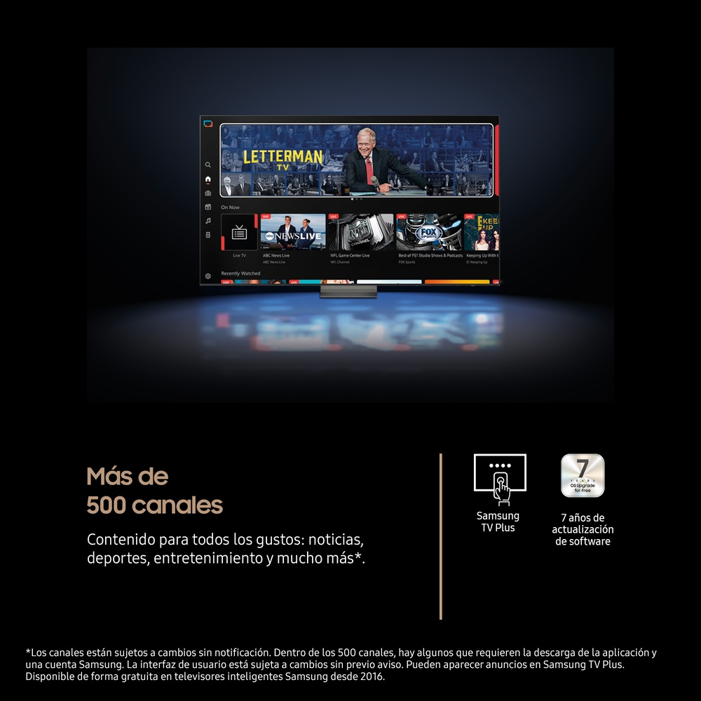 Un televisor Samsung muestra un programa de televisión con más de 500 canales, con 7 años de actualizaciones de software.