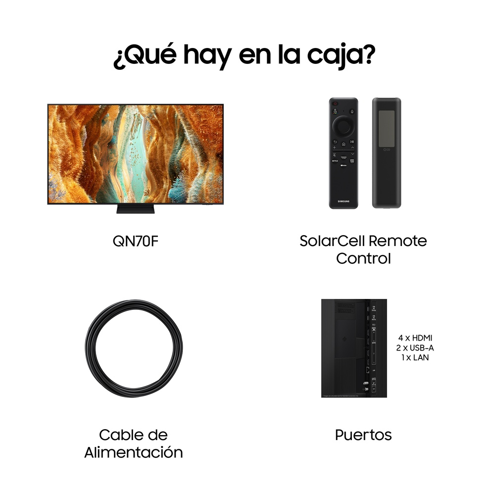 La imagen muestra lo que hay en la caja: TV QN70F, mando SolarCell, cable de alimentación y puertos.