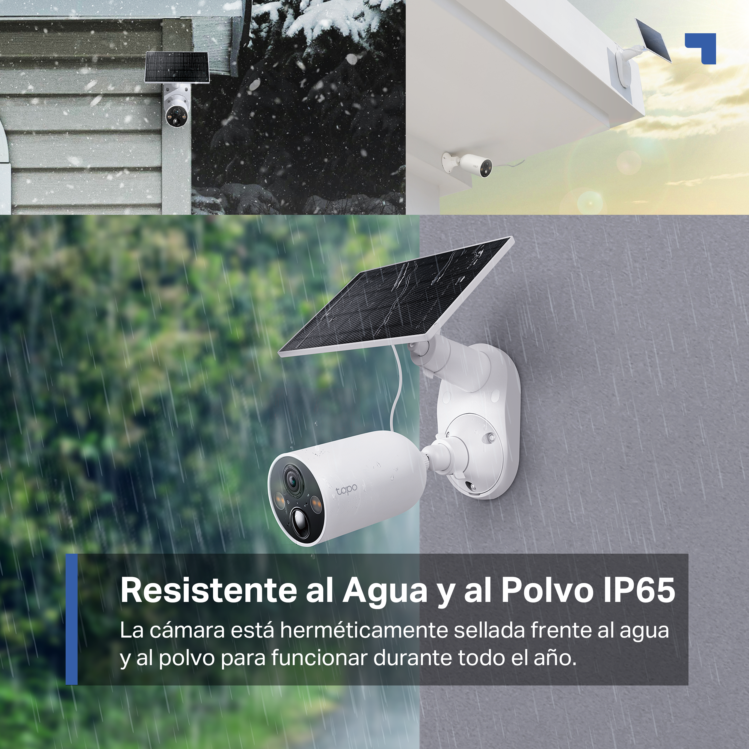 Cámara de seguridad blanca con panel solar en diferentes condiciones climáticas. Muestra lluvia, nieve y luz solar directa.