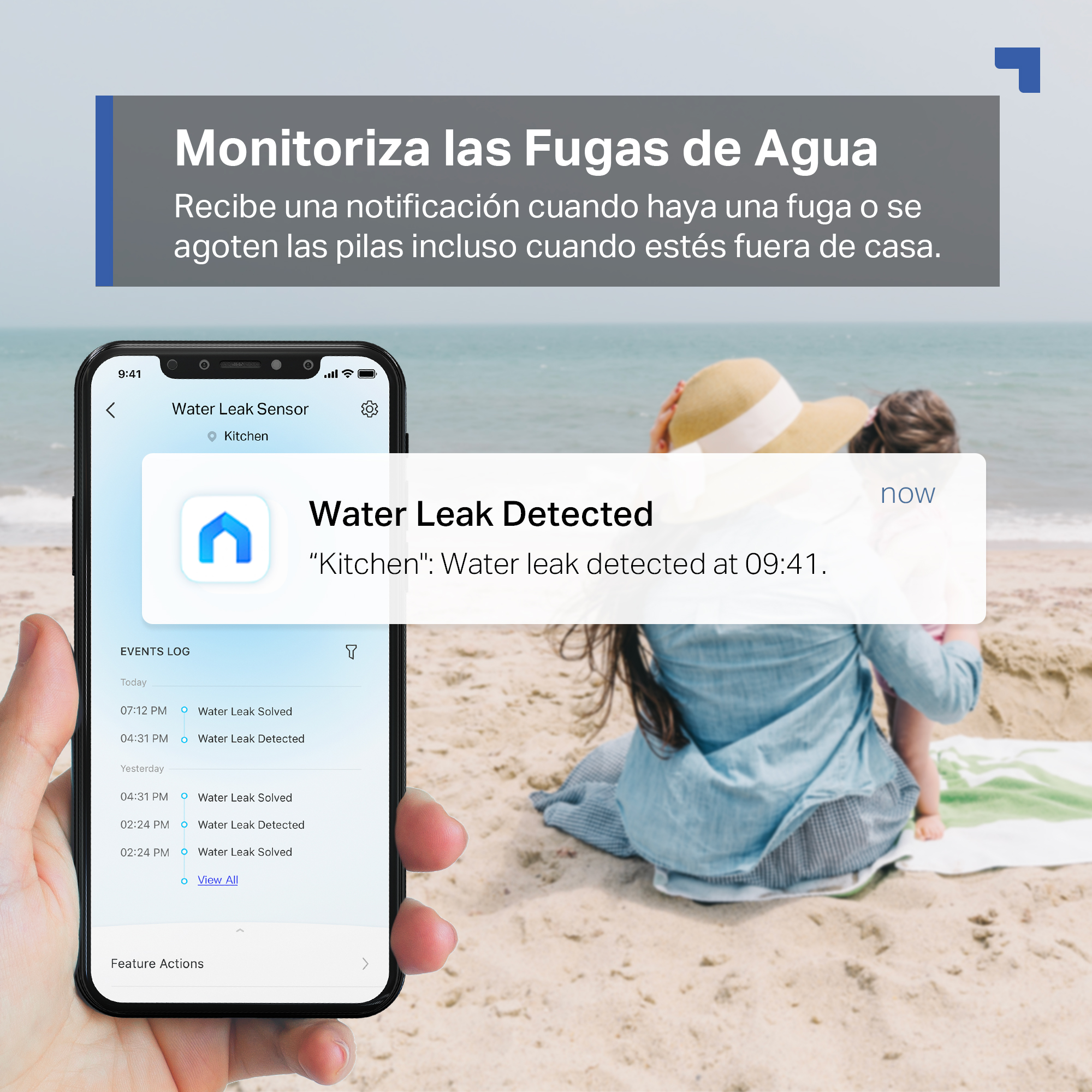 Una mano sosteniendo un teléfono móvil con una notificación de fuga de agua. El fondo muestra la playa con el mar y una mujer.