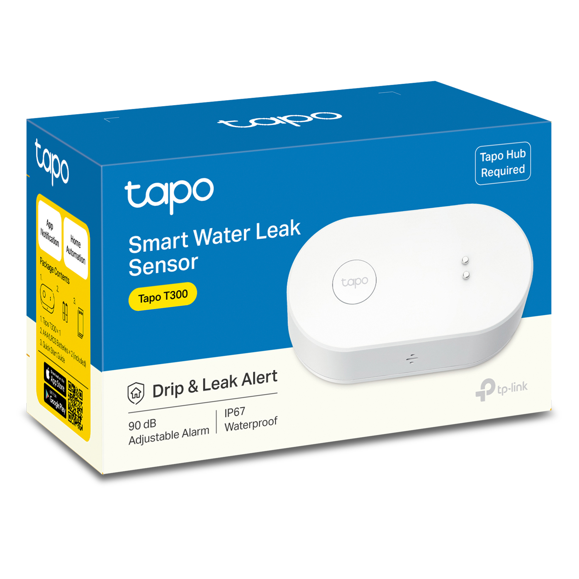 Caja de un sensor inteligente de fugas de agua. La caja muestra el dispositivo, sus funciones y la interfaz de una aplicación móvil.