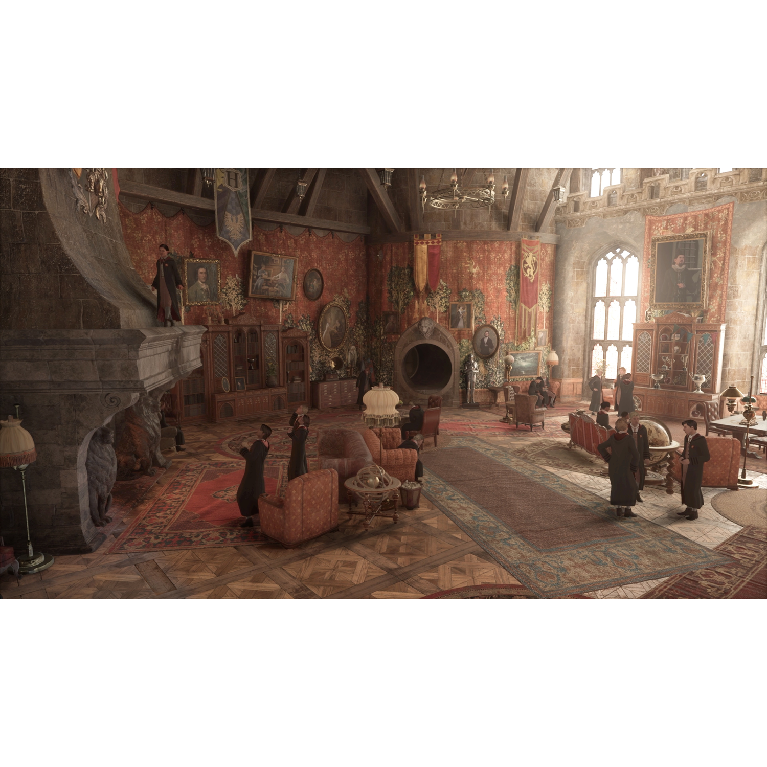 A grand hall with students, portraits, and fireplace. Red walls and carpets, with ornate decorations.