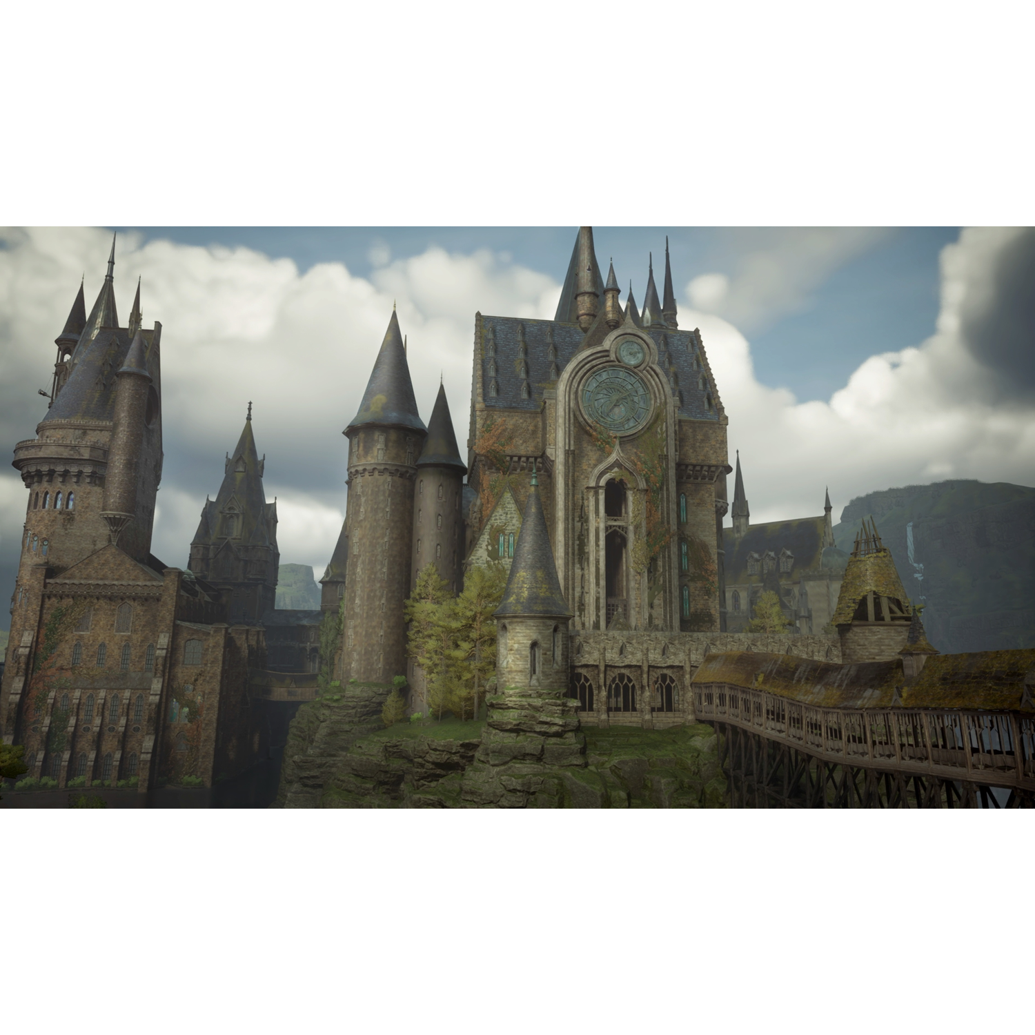 Hogwarts castle in the distance. The sky is cloudy. The castle has towers and bridges.