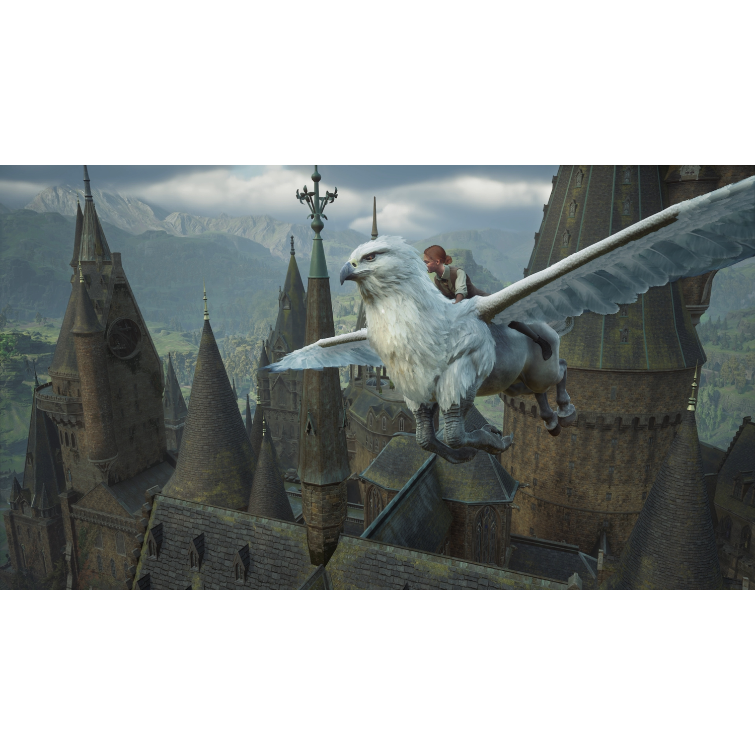 A person riding a winged horse over Hogwarts castle. Castle is in the background with towers.