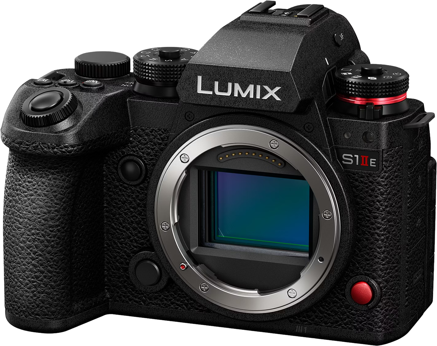 Appareil photo noir avec un objectif. Le capteur est visible, la marque LUMIX est claire.