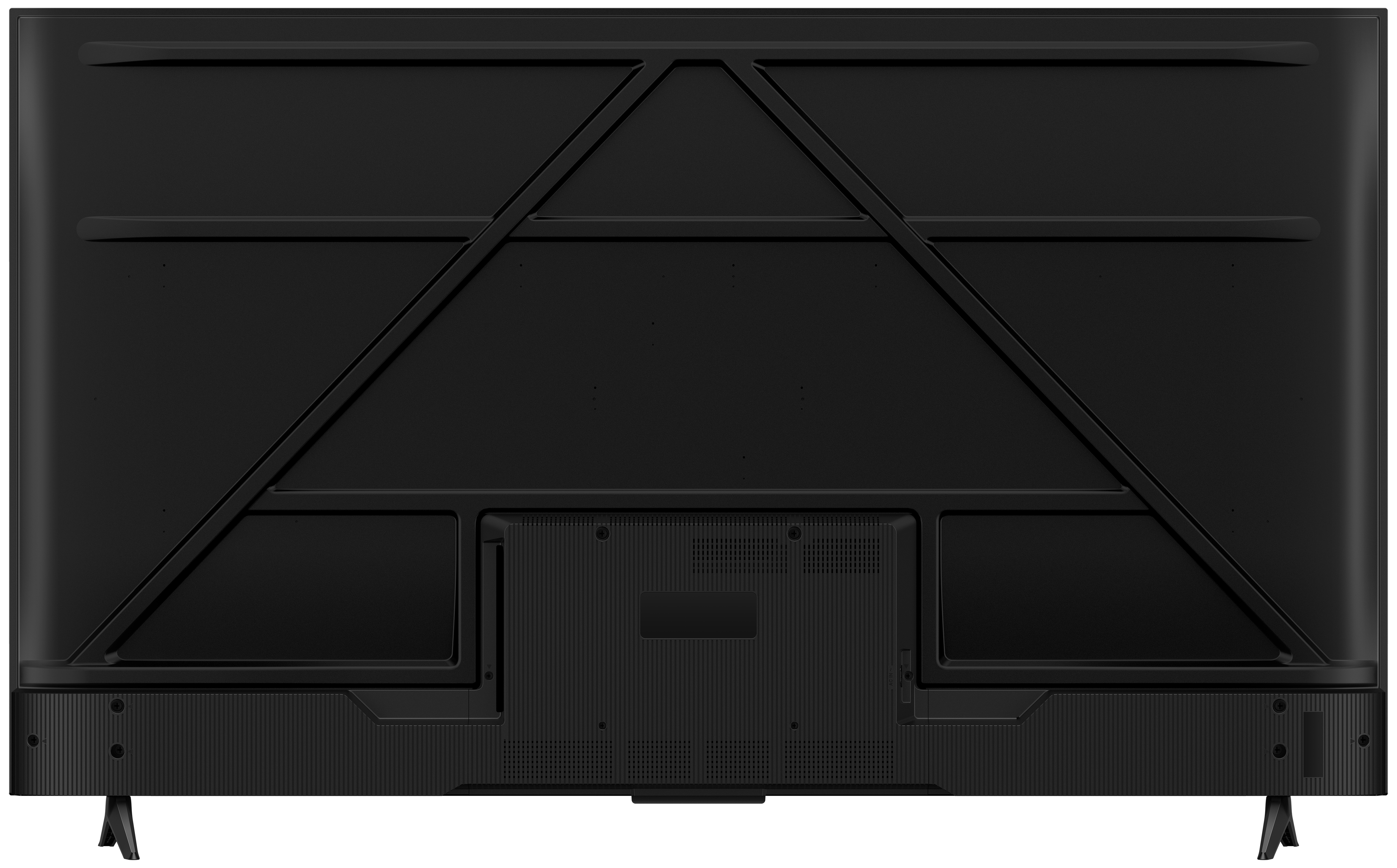 Tył czarnego telewizora z konstrukcją wsporczą, portami i stojakiem.