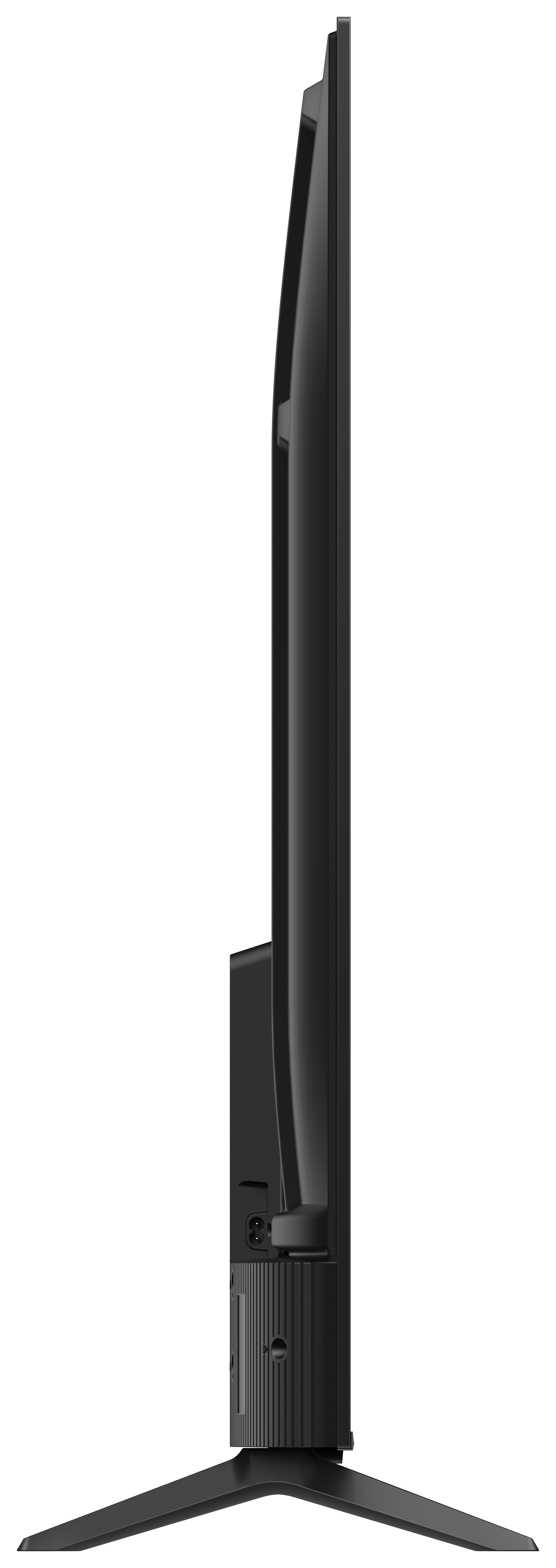 Widok z boku czarnego telewizora, pokazujący jego smukły profil i stojak.