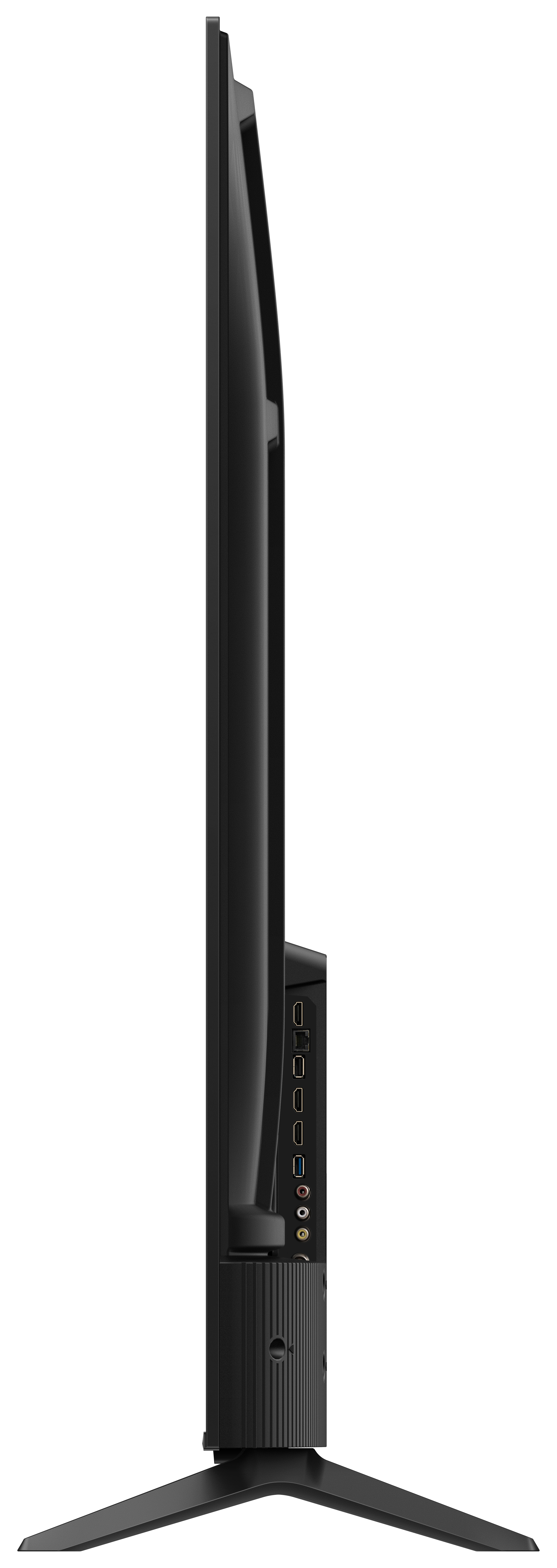 Widok z boku czarnego telewizora z portami i smukłą konstrukcją, ze stojakiem.