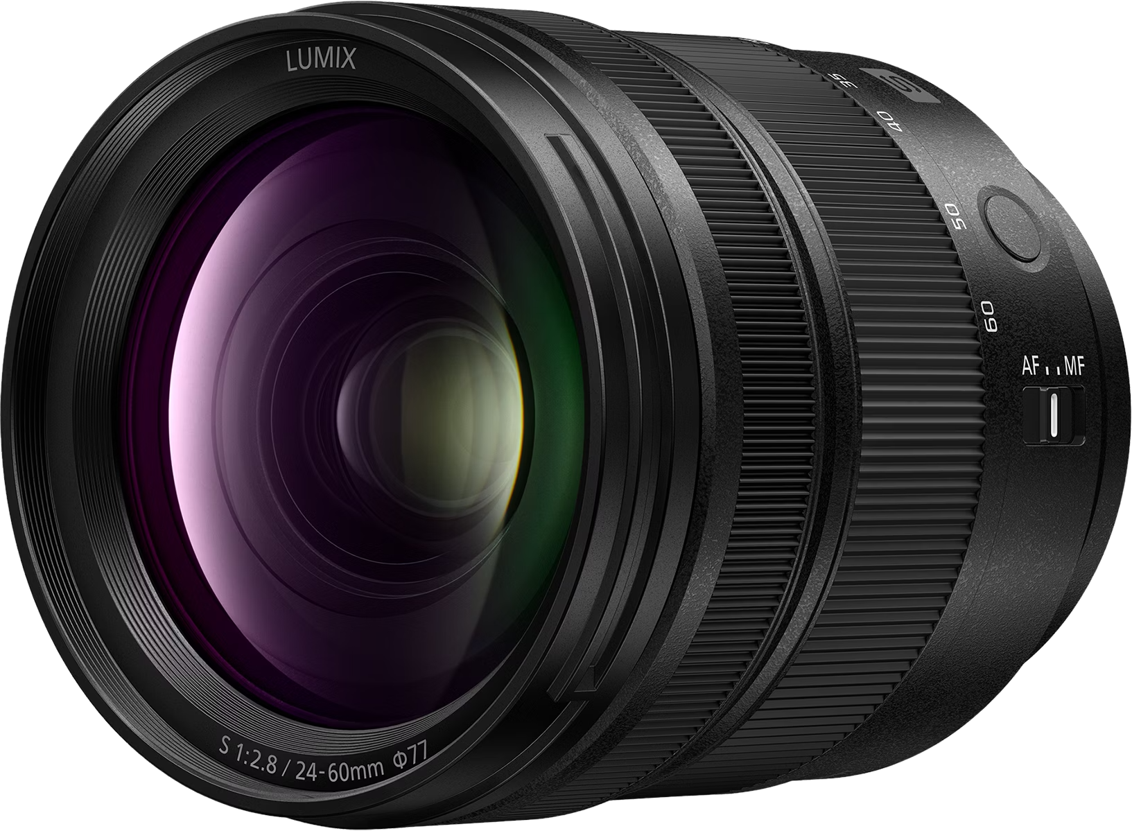 Objectif d'appareil photo noir avec reflets violets et le texte 'LUMIX S 1:2.8 24-60mm'.